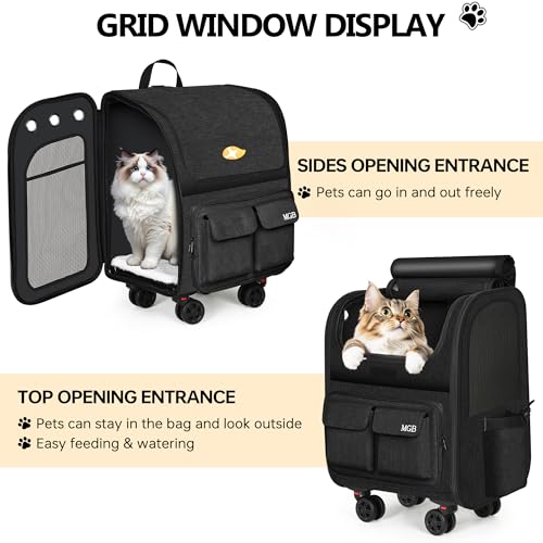 MGB Rolling Cat Carrier with Wheels: Dog Carrier for Small Dogs & Large Cats, Large Cat Carrier with YKK Zipper, Large Capacity, Breathable Mesh, Side Pocket, Black (Not for Airline) - color: Black
