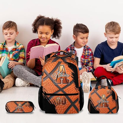 Mercuryelf Personalized Basketball Backpack for Boys - Custom Kids School Bookbag Set with Lunch Box 17 Inch Large Capacity Daypack - color: Orange
