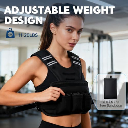 Weighted Vest, 11-20LB Weight Vest with Reflective Stripe, Body Weight Vest with Back Mesh Pocket for For Women & Men, Home Gym & Outdoor Strength Training
