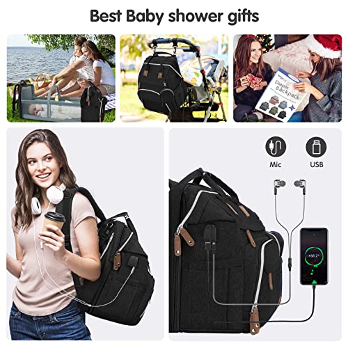 DERJUNSTAR Baby Diaper Bag Backpack with Changing Station, Large Capacity Baby Diaper Bags for Boys Girls, Waterproof Changing Pad, USB Charging Port, Pacifier Case, Sunshade and Toy Bar - color: Diamond Black