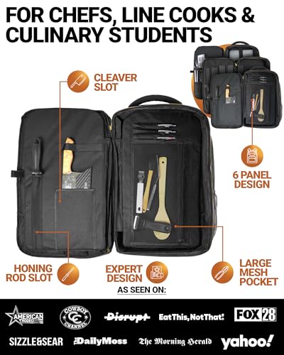 Chef Knife Backpack TRAVELLER - Patented Knife Retention Panels with Hook-and-Loop, Water Resistant 900D Polyester Canvas, YKK Zippers, Work Bag for Chefs & Culinary Students (Black)