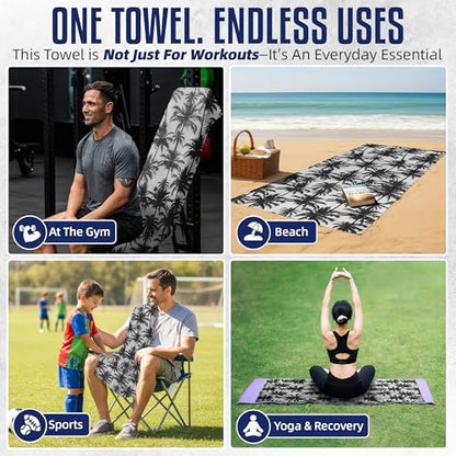 CHEEKY WINX Hooded Microfiber Gym Towel – Highly Absorbent Car Seat Towel with Carry Bag – Double-Sided Sweat Towel, Reversible, Quick Dry & Sand-Resistant Fabric, Palm Trees, 130 x 60cm - color: Palm Trees