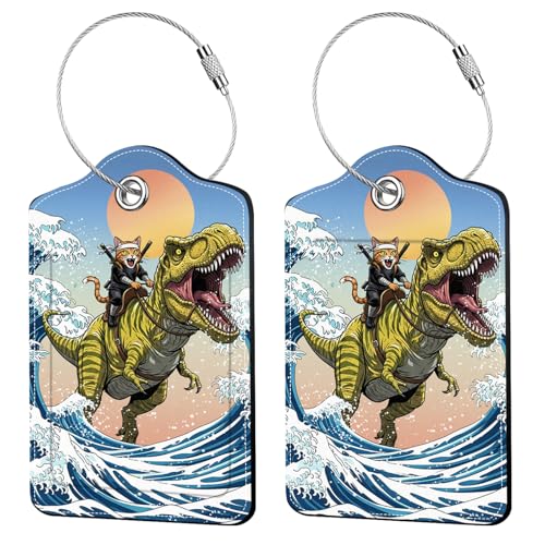 2 Pack Funny Cat Luggage Tags for Suitcases, Leather Luggage Tags Cute, Privacy Cover ID Label with Stainless Steel Loop & Address Card, Funny Cat Bag Tag Travel Accessories for Suitcases - color: Funny-cat-dino
