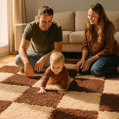 Thickened Plush Foam Interlocking Floor Carpet Mat,24 Piece 12x12in Fluffy Square Puzzle Foam Carpet Tiles with Edgings,Soft Anti-Slip Shaggy Area Rug Playmat(Color:Dark Curry + Light Curry) - color: Dark Curry + Light Curry