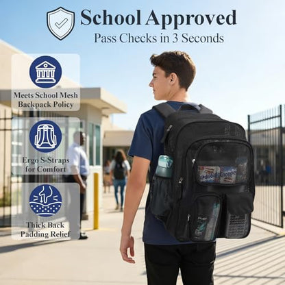 PACKISM Mesh Backpack for School - 18 Inch Extra Large Heavy Duty Mesh Bookbag for Boys Girls, See Through School Backpack with 3 Front Pockets for Students, Black (Age 12+) - color: 03 Black, style: 18“ Pro Series (3 Front Pockets)