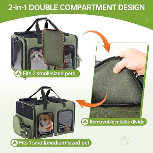 Cat Carrier for 2 Cats - Double Pet Carrier Extra Large, Dual Cabin Multi Cat Travel Carrier with Removable Divider, Collapsible, Can Hold 20 30 40 lbs for Two Small Kitten, Medium Dog Green - color: Green
