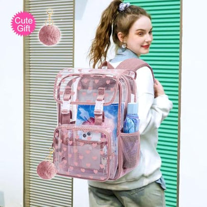 3Pcs Pink Clear Backpack for School, Girls Kids Transparent Bookbag Set, 17" Stadium Approved See Through Backpack with Lunch Box (Pink) - color: Pink Love01