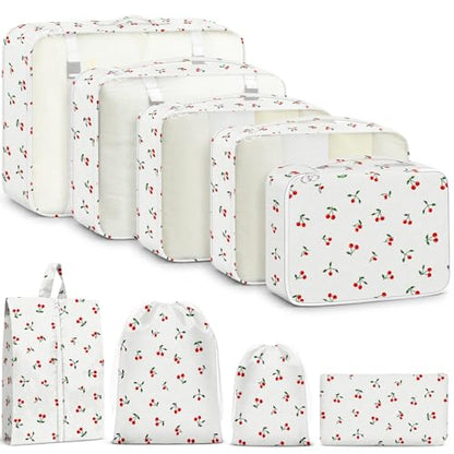 9 Set Packing Cubes for Travel Essentials - Lightweight Carry-On Luggage Organizer Bags with Shoe, Clothes & Laundry Bags for Airplane, Family & Business Travel, White Cherry - color: White Cherry