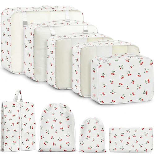 9 Set Packing Cubes for Travel Essentials - Lightweight Carry-On Luggage Organizer Bags with Shoe, Clothes & Laundry Bags for Airplane, Family & Business Travel, White Cherry - color: White Cherry