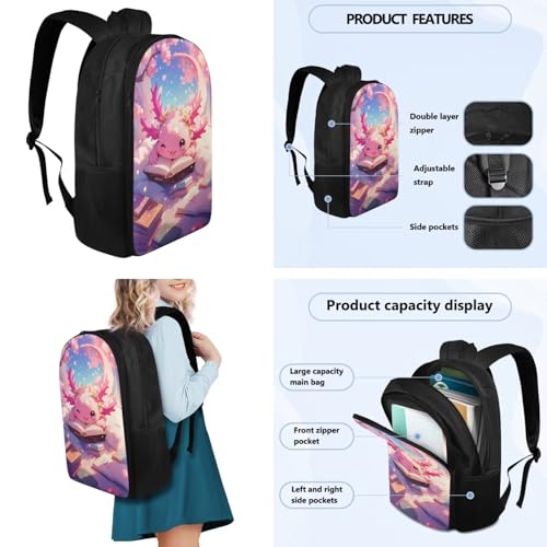 Flashideas Cherry Blossom Axolotl Backpack for Girls Kids Backpack with Lunch Box 32 oz Water Bottle and Water Bottle Carrier 4Pcs Set 17" Lightweight Elementary Bookbag with Compartments for School - color: Cherry Blossom Axolotl-2