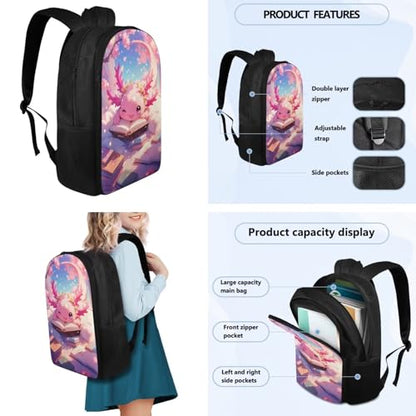 Flashideas Cherry Blossom Axolotl Backpack for Girls Kids Backpack with Lunch Box 32 oz Water Bottle and Water Bottle Carrier 4Pcs Set 17" Lightweight Elementary Bookbag with Compartments for School - color: Cherry Blossom Axolotl-2