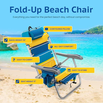 Homevative Cooler+ Folding Backpack Beach Chair with 5 Positions, Towel bar, XL Cooler Pouch, Storage Net, Cup and Phone Holder, Sunshine, 2 Pack - color: Sunshine