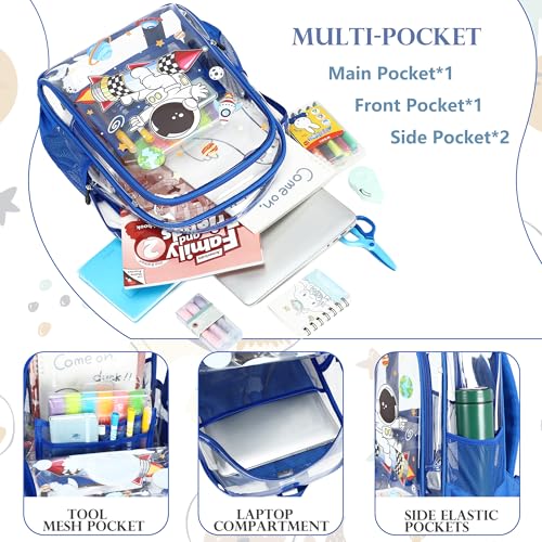 AO ALI VICTORY Clear Backpack for School,PVC Transparent Kids Bookbag for Girls Boys Cute Toddler Back Pack Kindergarten Elementary Schoolbag Stadium Approved See Through Backpacks,Blue Astronaut - color: Blue Astronaut