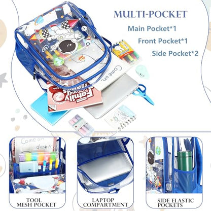 AO ALI VICTORY Clear Backpack for School,PVC Transparent Kids Bookbag for Girls Boys Cute Toddler Back Pack Kindergarten Elementary Schoolbag Stadium Approved See Through Backpacks,Blue Astronaut - color: Blue Astronaut