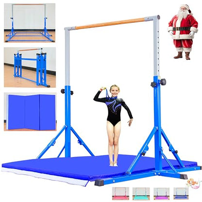 Marfula Gymnastic Bar For Kid and Teenage of 3-25, 5Ft/8 FT Base Length 4Ft Width 5Ft Adjust Height, Gymnastic Kip Bar For Gymnast, Gymnastic Training Equipment For Professional Training Home Club Use - color: Bar With Mat-Blue (5 Ft Base)
