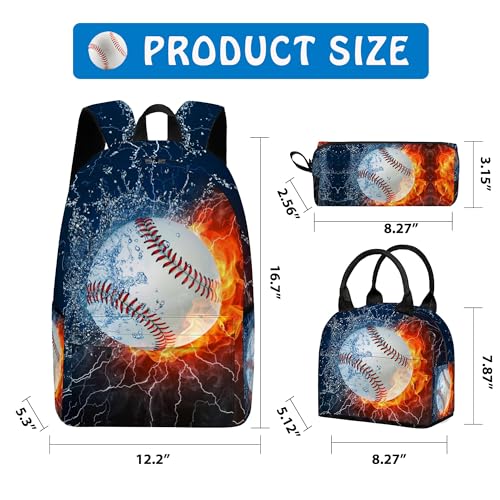3PCS Backpack for Boys Girls, Kids Baseball Back to School Backpack Sets with Lunch Bag Pencil Case, 17 Inch Lightweight Bookpack 3 in 1 Set for Teens Elementary Middle High School Students - color: Water Fire Baseball