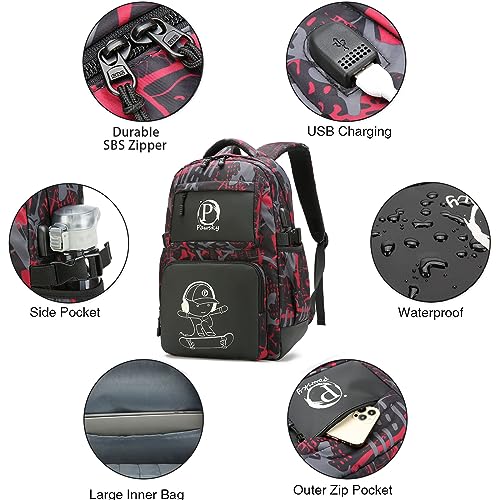 Skateboard Anime Luminous Backpack School Backpack with USB Charging Port for Teen Boys, College School Bookbag Lightweight Laptop Bag with Sling Bag Set, Red - style: Skateboard-red1