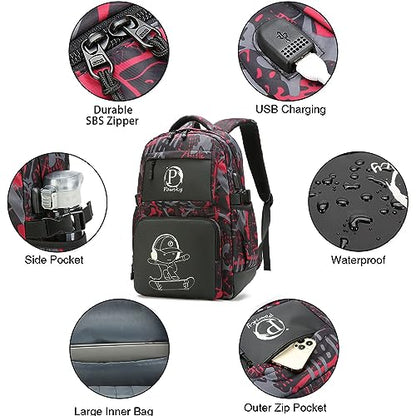 Skateboard Anime Luminous Backpack School Backpack with USB Charging Port for Teen Boys, College School Bookbag Lightweight Laptop Bag with Sling Bag Set, Red - style: Skateboard-red1