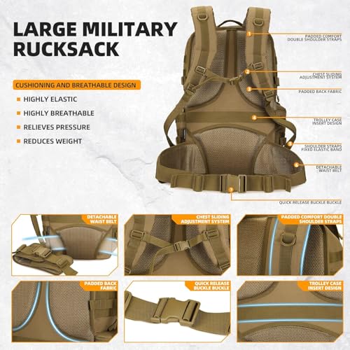 50L Military Tactical Backpack 3 Day Assault Pack Molle Daypack Hiking Backpack for Men and Women - color: Khaki 1