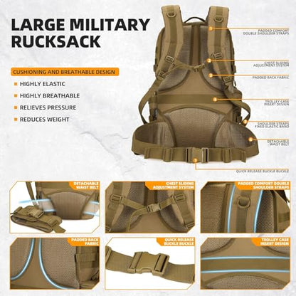 50L Military Tactical Backpack 3 Day Assault Pack Molle Daypack Hiking Backpack for Men and Women - color: Khaki 1