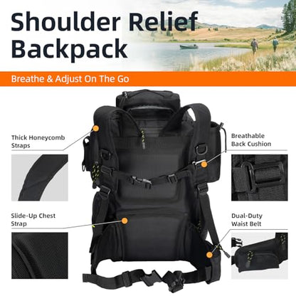 Ghosthorn Fishing Tackle Backpack with 4 3600 Tackle Boxes Rod Holder Outdoor 43L Large Bag with Detachable Wasit Bag Storage Fishing Gear and Equipment Waterproof - color: With 3600*4 Black (43l)