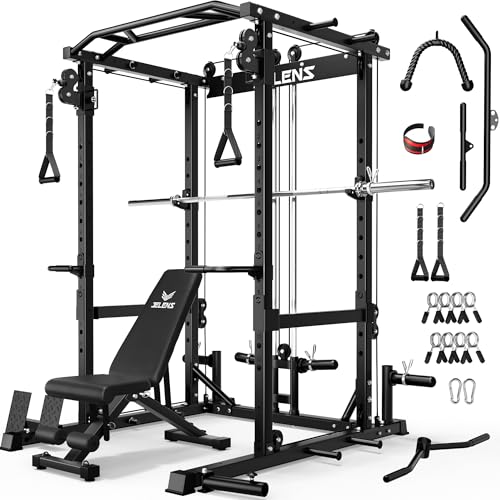 JELENS C12 Squat Rack for Home Gym, 2000LBS Power Rack with Adjustable Pulley System, Power Cage Workout Equipment with LAT Pulldown and Training Attachment - color: Black, size: Home Gym Package