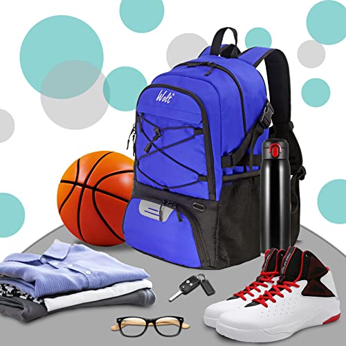 WOLT Basketball Backpack Large Sports Bag with Separate Ball Holder & Shoes Compartment, Best for Basketball, Soccer,Gym - color: Blue