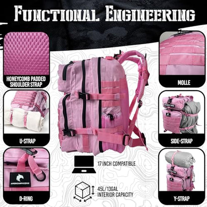 AMERICANPHOENIX 45L Elite Tactical Backpack | 3X Stronger Work & Military Backpack | Water Resistant and Heavy Duty | 3 Day MOLLE Bug Out Bag (Rose Pink) - color: Rose Pink