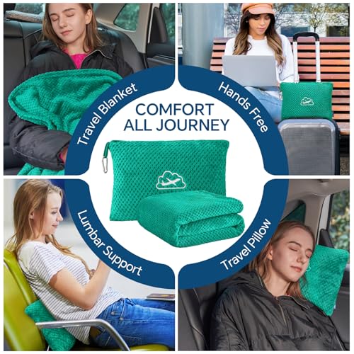 BEDELITE Travel Blanket with Bag, Ultra-Soft Jacquard Fleece Blanket with Luggage Sleeve & Backpack Clip, Airplane Blanket Travel Essentials, Teal - color: Teal