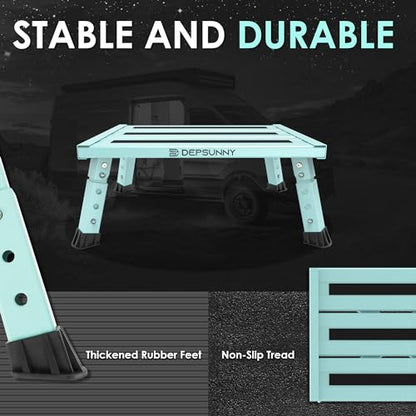 Adjustable Height Aluminum RV Step, Stable Foldable Platform Step Stool, Supports Up to 1,000 lb, Non-Slip Rubber Feet and Platform Mat, Easy to Carry (Green) - color: Green