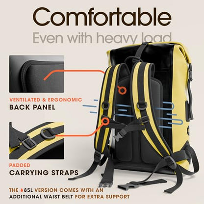 Earth Pak Waterproof Backpack - Heavy Duty Hiking Backpack - Roll-Top Closure Bag - Cushioned Dry Bag Waterproof Phone Case - color: Yellow, size: 35L