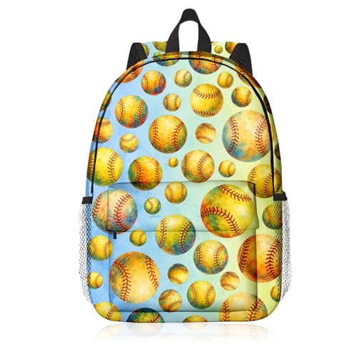Softball Backpack for Kids & Youth, 16 Inch Tennis-Themed School Bookbag, Lightweight Polyester Daypack with Front Zip Pocket, Side Bottle Pocket, Padded Adjustable Straps, Unisex - color: Softball