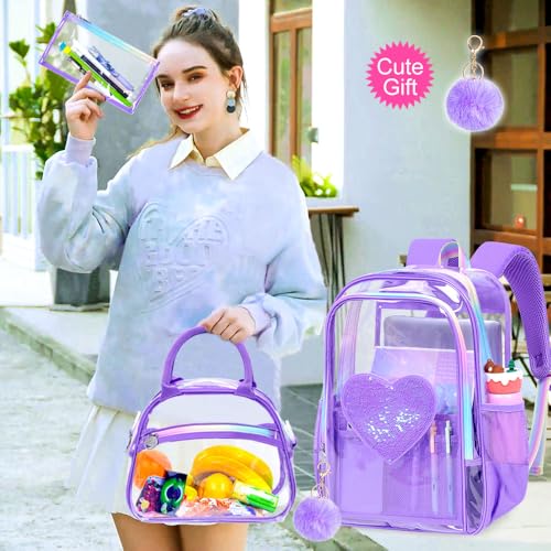 gxtvo 3PCS Transparent Backpack Heavy-Duty Set for Women & Teen Girls, 17" See Through Bookbag with Rainbow Strap, Purple Sequins Clear School Bag - color: Purple Sequins Clear Backpack Set