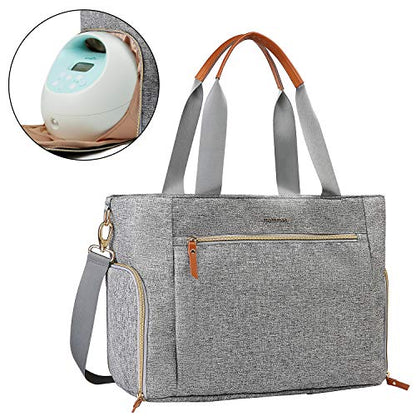mommore Breast Pump Bag Diaper Tote Bag with 15 Inch Laptop Sleeve Fit Most Breast Pumps Like Medela, Spectra S1,S2, Evenflo - color: Grey