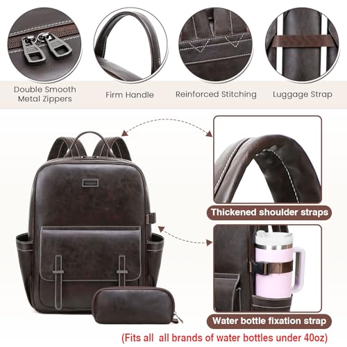 Vegan Leather Laptop Backpack for Women Designer 15.6 Inch PU Laptop Bag, Ladies Travel Computer Work Backpack - color: Deep Coffee
