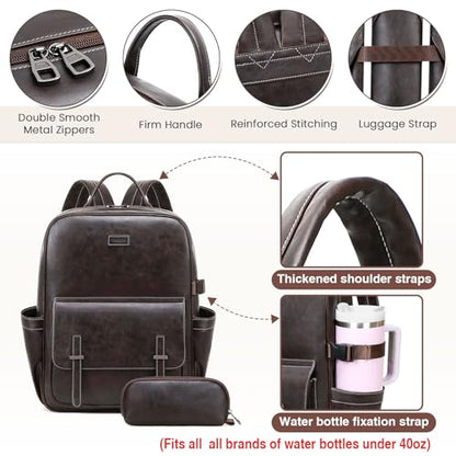 Vegan Leather Laptop Backpack for Women Designer 15.6 Inch PU Laptop Bag, Ladies Travel Computer Work Backpack - color: Deep Coffee
