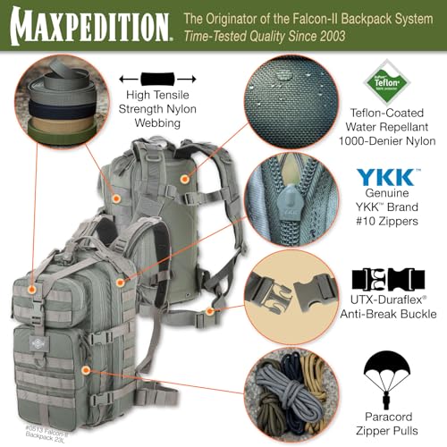 MAXPEDITION Falcon-II Backpack, 23L Tactical Backpack, Survival Pack, Bug Out Bag, MOLLE Go Bag for EDC, 0513 - color: Foliage Green