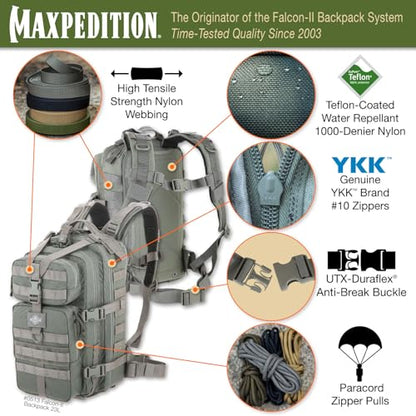 MAXPEDITION Falcon-II Backpack, 23L Tactical Backpack, Survival Pack, Bug Out Bag, MOLLE Go Bag for EDC, 0513 - color: Foliage Green
