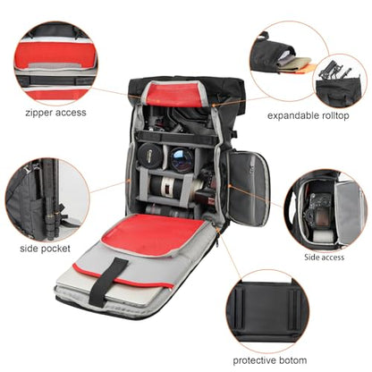 Besnfoto Camera Backpack Waterproof Camera Bag Satchel for Photographer DSLR SLR Mirrorless with Laptop Compartment and Rain Cover - color: Black