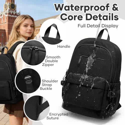 School Backpack for Girls Boys, 15.6 Inch Waterproof Travel Laptop Backpack for Women Men, Lightweight Durable College High School Book bag, Black