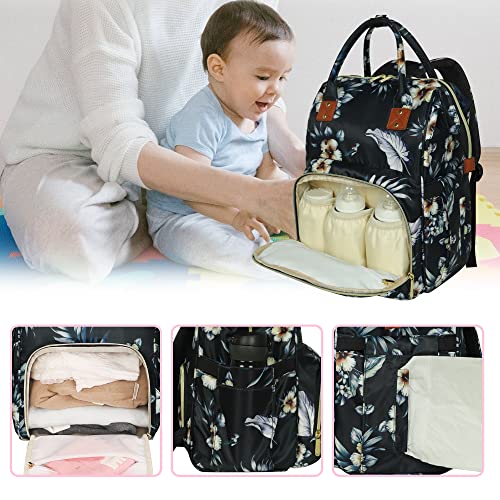 Femuar Diaper Bag Backpack Multifunction Maternity Diaper Bag for Baby Girls & Boys Large Capacity Travel Nappy Bags - color: Hibiscus