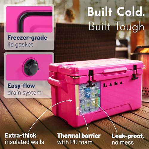 Laka Cooler – 45 Quart Rotomolded Hard Cooler, Insulated Ice Chest Holds 36 Cans/45 lb Ice, Up to 7 Days Cold, Drain Plug + Basket, Non-Slip Feet, Beach Boat Camping Tailgate - color: Pink