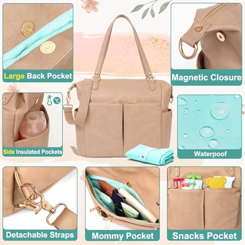 MOMINSIDE Diaper Bag Tote, Leather Diaper Bag Backpack with 14 Pockets, Convertible Baby Bag for Boys Girls, Pañaleras Para Bebe Mommy Bag, Changing Pad, Large 4 Insulated Pockets (Camel) - color: Camel
