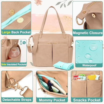 MOMINSIDE Diaper Bag Tote, Leather Diaper Bag Backpack with 14 Pockets, Convertible Baby Bag for Boys Girls, Pañaleras Para Bebe Mommy Bag, Changing Pad, Large 4 Insulated Pockets (Camel) - color: Camel