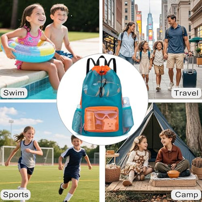 Swim Bag for Kids Mesh Beach Backpack for Boys Lightweight Drawstring Beach Bag Swimming Pool Sports Gym String Bag (Green) - color: Green