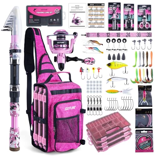 Goture Pink Fishing Rod and Reel Combo - ML Action Spinning Reel Pole with Pink Bag - Telescopic Rod Kit for Starter Travel Saltwater Freshwater, Gift for Woman - color: Pink Pole - Sparkling Sling Bag with 3600 Trays, size: 8FT/2.4M