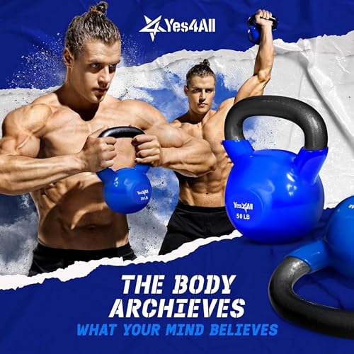 Yes4All Kettlebell, 5-100 LB Vinyl Coated Cast Iron Strength Training Kettlebells for Home Gym Exercises, Fitness, Full Body Workout Equipment, Push Ups, and Grip Strength - color: S. 90LB - Dark Blue, style: Vinyl Coated