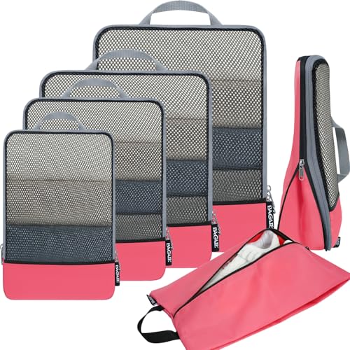 BAGAIL 4 Set/6 Set/8 Set Compression Packing Cubes Travel Accessories Expandable Packing Organizers (Half Mesh, 6-Coral) - color: 6-Coral, style: Half Mesh