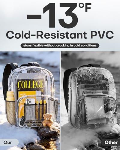 HOTOR Clear Backpack - Multi-Pocket Bookbag, Cold-Resistant PVC Waterproof Work Bag & College Backpack with Padded Shoulder Straps for Travel, Festival, 16.0" x 12.0" x 7.0", Black - size: Medium
