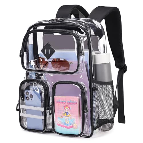 Clear Backpack Heavy Duty PVC Clear Bookbag for School Stadium Events Transparent Back Pack Girls Boys, Black - color: Black